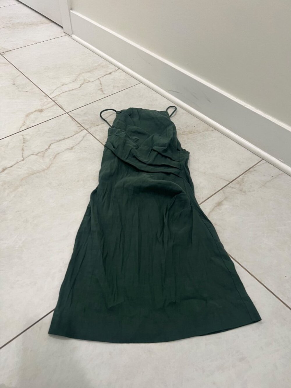 Zara Dark Green Linen Blend Ruched Mini Dress Size S